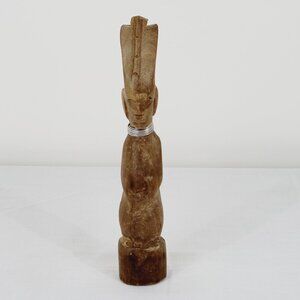 Antique Wood Carving Sculpture Tiki Figure Metal Wire Necklace Headpiece Old